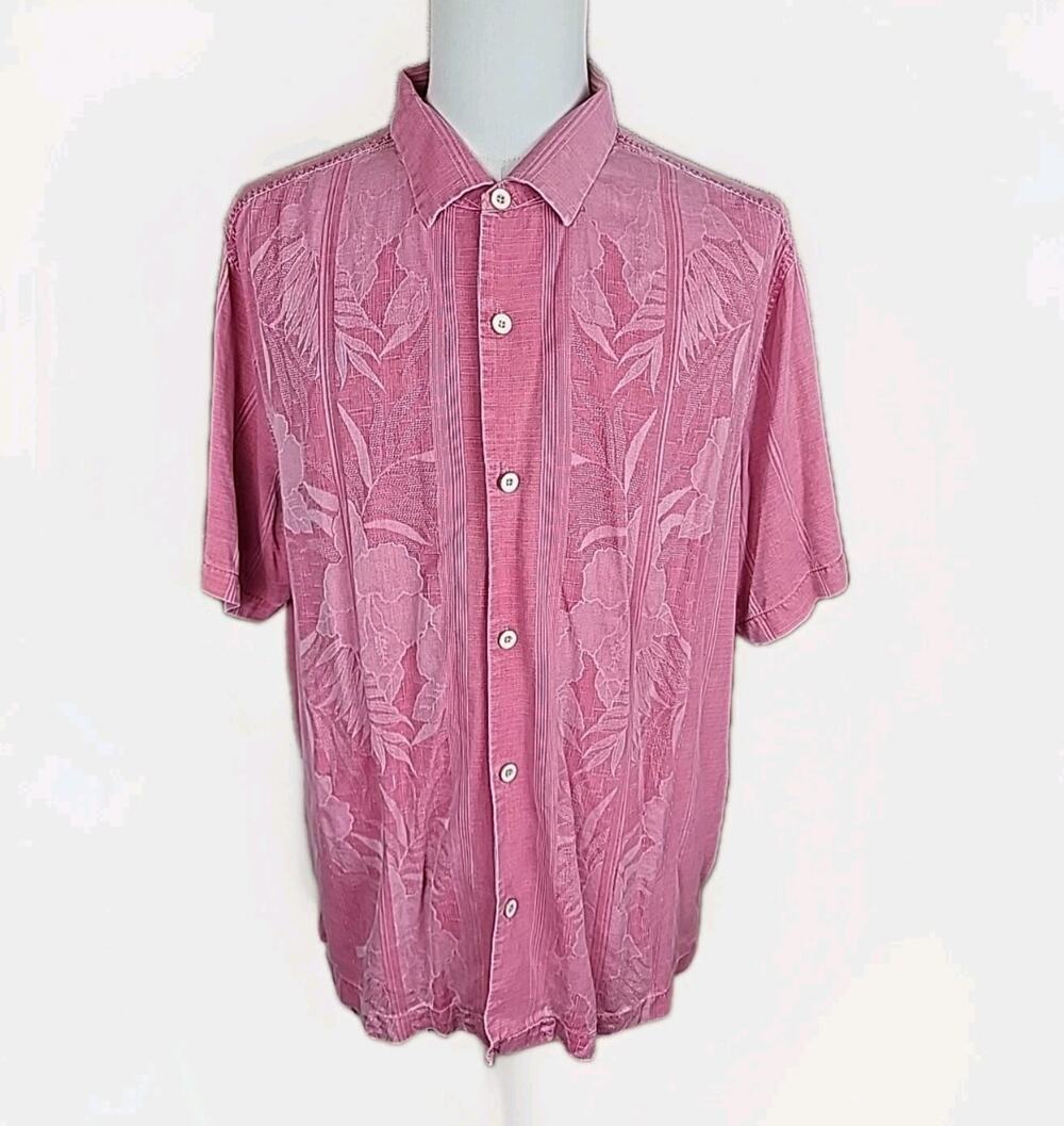 Tommy Bahama Bali Border Silk Camp Shirt Mens XXL Pink Hawaiian Jacquard